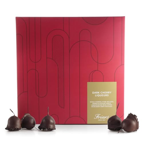 Friars Dark Chocolate Cherry Liqueurs - 25 Per Box | Cerisettes & Kirsch Soaked, Whole Cherries Coated with 65% Dark Cocoa | Premium Chocolates For Special Occasions & Gifts | Suitable for Vegetarians
