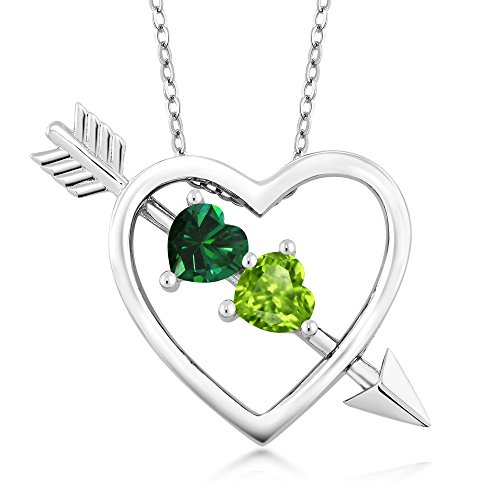 Gem Stone King 925 Sterling Silver Green Simulated Emerald and Green Peridot Heart and Arrow Pendant Necklace For Women (0.85 Ct with 18 Inch Silver Chain)