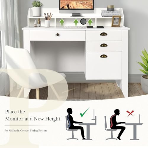 White Desk with 4 Drawers Storage, Computer Small Desk with File Drawer and Hutch, Student Desk Kids Desk for Bedroom, Home Office, White