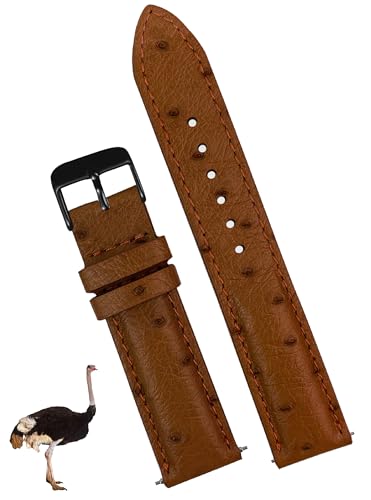 vinacreations 18mm Brown Ostrich Leather Watch Band Men Quick Release Replacement Strap Extra Soft Handmade Wristband Stainless Steel Buckle, Father's Day Gift for Dad Son Husband DH-186B-18MM