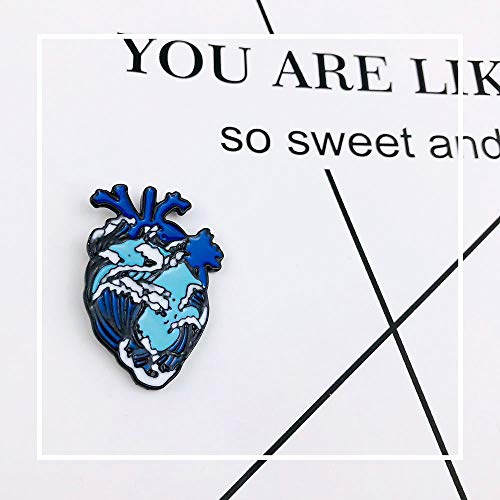 Koobook 2Pcs Blue Romantic Ocean Wave Whale Brooch Human Heart Enamel Pin Lapel Pins Heart Anatomy Badges #TOP5