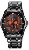 MASTOP Men’s Stainless Steel Skull Quartz Watch – Waterproof 30M Wristwatch with Luminous Hands, Bold 3D Dial Design (Orange)