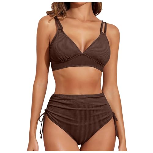 MAIABLEAU Womens Bikini Sets Crop Top Bathing Suits Tummy Control Two Piece Swimsuits Coffee M