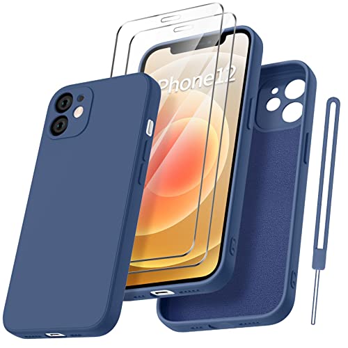 Qasyfanc Cover per iPhone 12, Protezione Fotocamera und 2 Pellicola Vetro Temperato, Fodera in Microfibra Antiurto Ultra Custodia Silicone Morbida Liquido Ultra Sottile 6.1' - Blu Gioiello