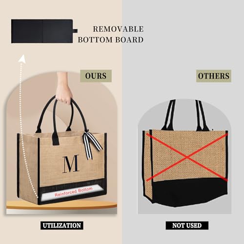 Image of BeeGreen Embroidery Monogram Jute Tote Bag Initial Personalized Gifts Bags for Birthday Beach Work Wedding Gift Basket for Women Teacher Mom Friend Coworkers Sister Nurse Cute Totes Navy (Letter H)