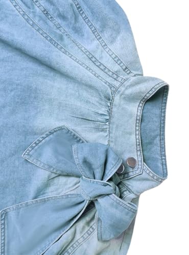 Womens Denim Shirt Button Down Mock Neck Jean Blouse Puff Sleeve Bow Tie Casual Blouses Tops4