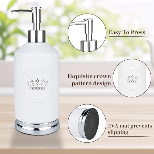 Bathroom Accessory Set, 4 Pcs Ceramic Sets with Crown Motif, Toothbrush Holder, Soap Dispenser, Soap Dish, Tumbler Cup, Modern Bathroom Sink Set Vanity Countertop Decor, White and Silver