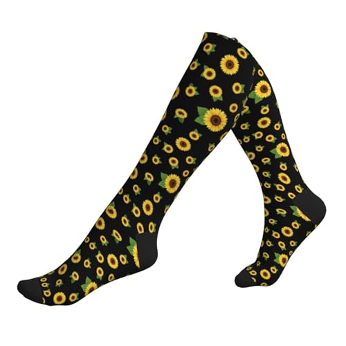 Supdreamc Women's Fashion Lightweight Socks Black Sunflower, Cute Compression Knee High for Daily Wear Running Hiking Travel Casual Comfort