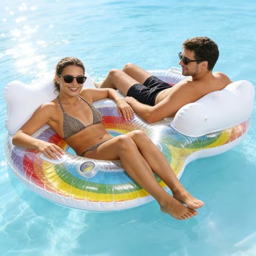 Bloomoja 2 Person Swim Ring Pool Float, Double Lounger for Relaxing, Rainbow Inflatable Float for Adults, Pool, Lake, Party