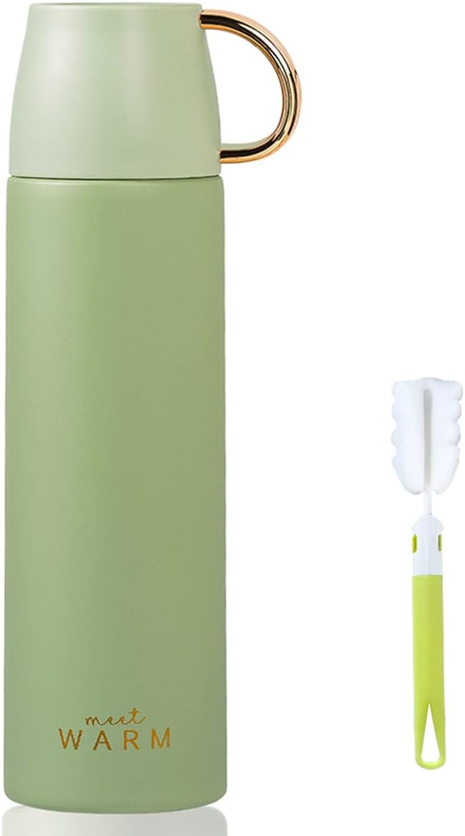 Coffee Flasks with Cup for Hot Drinks 500ML, NISVDID Vacuum Thermal Flasks with No Ripple Surface Small Cup Leakproof Water Bottle for Work Travel School and Sport (Light Green)