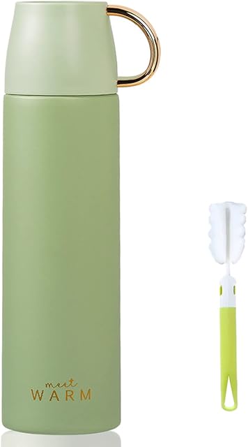 Coffee Flasks with Cup for Hot Drinks 500ML, NISVDID Vacuum Thermal Flasks with No Ripple Surface Small Cup Leakproof Water Bottle for Work Travel School and Sport (Light Green)