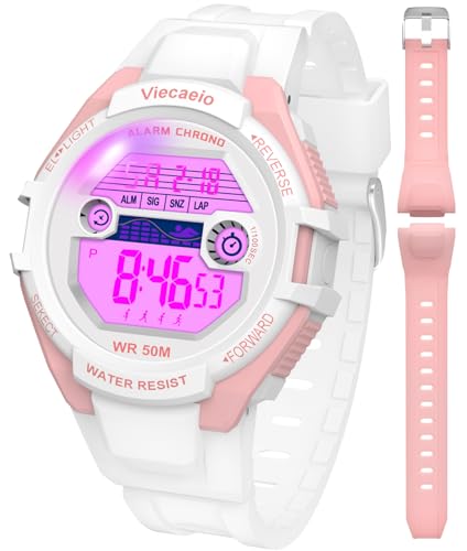 Kids Digital Watch for Boys Girls,2 Interchangeable Silicone Straps, 50M Waterproof & Shockproof Sports Watch with 7-Color LED Backlight, Alarm,...