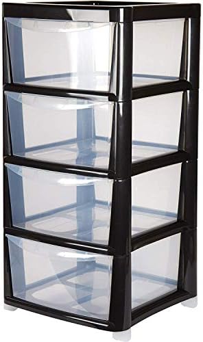 BLACK 4 Drawer Large Plastic Storage Drawer Tower Perfect for Schools, Offices and Children's Toys Storage Solution