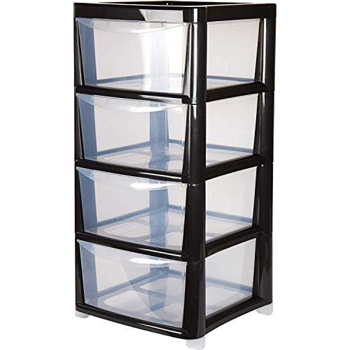 BLACK 4 Drawer Large Plastic Storage Drawer Tower Perfect for Schools, Offices and Children's Toys Storage Solution