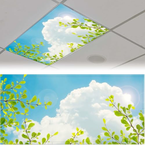 Image of 2pcs Young Leaves Fluorescent Light Coversfor Ceiling Lights Classroom, Magnetic Light Filters for Office, Hospitals, Home 4 X 2 Feet