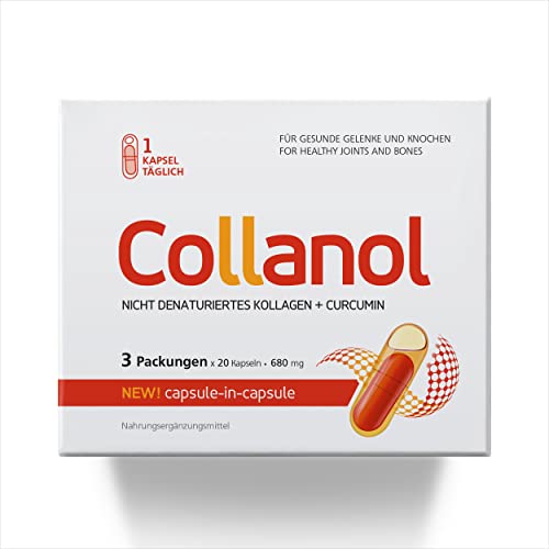 Collanol – Innovation in der Pflege gesunder Gelenke Flüssige Formel in einer Doppelkapsel 3D- Kollagen + Mizell-Extrakt von Curcumawurzeln 1 Kapsel/Tag. Laborgeprüft (60 Kapseln)