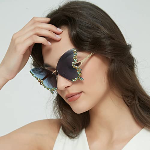 Luxury Diamond Butterfly Sunglasses Women Vintage Rimless Oversized Rhinestone Bling Sun Glasses Ladiesy2K Eyewear (Blue) #TOP1