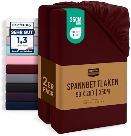 Utopia Bedding - 2er Set Spannbettlaken 90x200cm - Burgunderrot | 35 cm Tiefe Tasche - 100% Polyester Mikrofaser Spannbetttuch - Oeko-Tex Zertifiziertes