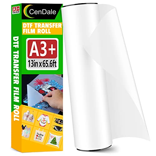 CenDale DTF Transfer Film Roll 13x 65.6ft - Premium A3+ DTF Film Roll Double Sided Matte Clear PreTreat PET Heat Transfer Paper Hot & Cold Peel DTF Paper Roll Direct to Film for T-Shirts Textile