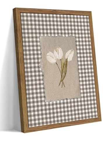 Image of Vintage White Tulips Framed Canvas Wall Art - Brown Gingham Botanical Painting Print, Rustic Farmhouse Floral Picture for Living Room Bedroom Nursery Office Home Decor 24x16 inch
