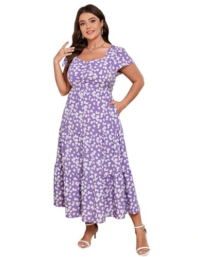 Image of KOJOOIN Women Plus Size Summer Dress Short Sleeve Casual Dress Floral Midi Dress Sweetheart Neck Ruffle Dress