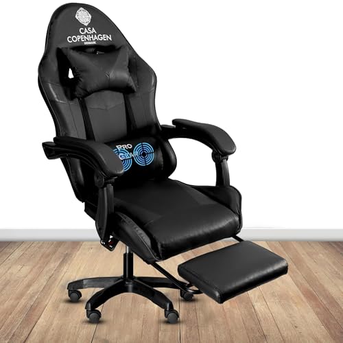 Image of Casa Copenhagen Designed in Denmark,High-Back Italian Leather Gaming Ergonomic Chair with Advanced Mechanism & Electric Back Massager, Memory Foam Seating & Multi Function Arm-Rest - Black & Black