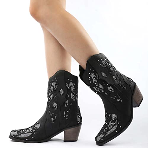 Heelchic Women Glitter Inlay Crystals Cowgirl Boots Ankle Square Toe Chunky Heel Western Short Boots #TOP1