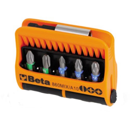 Beta 8600900 Model 860 MIX/A10 Set of 10 Phillips Pozi and Slotted Bits with Magnetic Bit Holder In Plastic Case, 1/4 Hex
