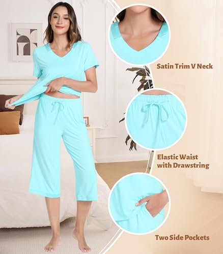 Image of NACHILA Bamboo Viscose Women's Pajamas Set Short Sleeve Pjs and Capri Pants | Soft like cloud,Breathable,Moisture wicking,Tagless