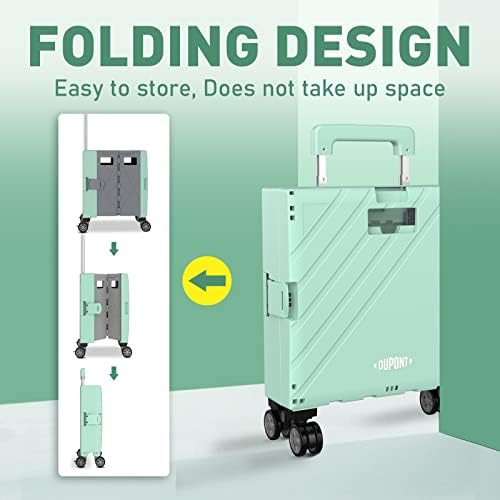DuPont Foldable Shopping Trolley 60L Capacity Folding Rolling Crate Handcart Utility Cart Wheel Box Wear-Resistant 360°Rotate Wheel For Office/Travel / Shopping Luggage (Four-wheels, Green)