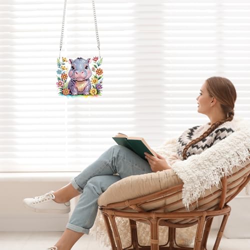 Image of AiYuanzsh DIY Diamond Art Painting Hanging Kit Hippo, Acrylic 5D Diamond Painting Pendant Ornament Board Kit, Home Garden Wall Door Diamond Art Hanging Ornament