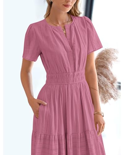 BTFBM Womens Summer 2026 Casual Midi Maxi Dresses Lightweight Short Sleeve V Neck Elastic Waist Boho Beach Dress Pockets(Dusty Pink, XX-Large) — view 6