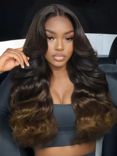 Image of Beauty Forever Pre Everything Black to Chestnut Brown Ombre Loose Wave Human Hair Wig 13x4 Lace Front Glueless Wig Pre Plucked Face Framing Layers Drawstring Wigs 150% Density Wear and Go 26inch