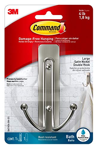 Command 635665216352 BATH36-SN-ES Double Bath, Satin Nickel, 1-Hook, 1-Large Water-Resistant Strip (4-Per Set), 4-Pack, Count