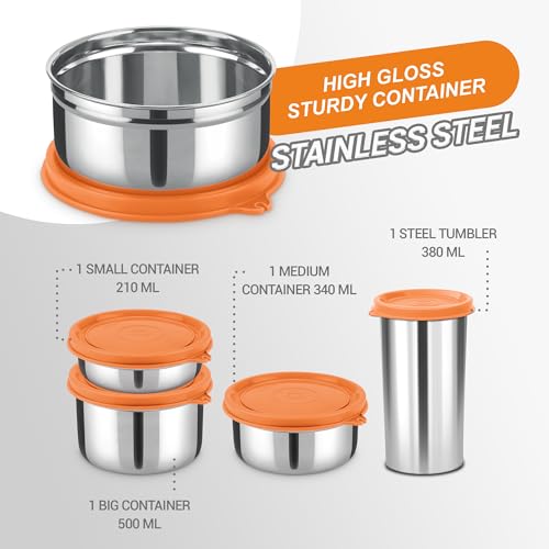 Image of MILTON Delicious Lunch Box with Insulated Fabric Jacket, 3 Stainless Steel Containers 210 ml, 340 ml, 500 ml &Tumbler 380 ml, Leak-Proof Tiffin for Office, College, Picnic, Orange