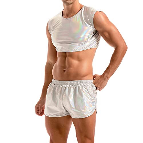 Amy Coulee Mens Metallic Crop Top Sexy Shiny Tank Top Sleeveless Round Neck Hot Vest Party Nightclub Wear (M, Light Silver Set) #TOP2