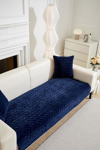 Image of HOMETHREADS Innovative Premium Velvet Sofa Cover Mat with PVC Backing for Non-Slip Comfort (Braid Navy, 1 Seater | 70x70cm)
