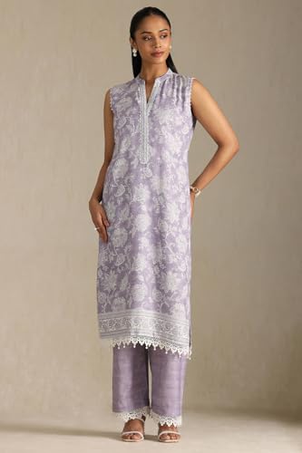 Image of Soch Womens Purple Linen Blend Botanical Print Suit Set With Beads