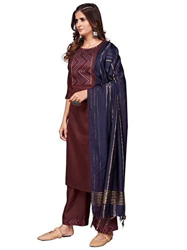 Image of Vbuyz Women's Cotton Blend Solid Straight Stitched Kurta Palazzo with Dupatta (VF-KU-1881-SKD-38 Maroon Medium)
