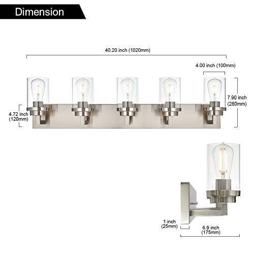 Melucee 5-Light Bathroom Vanity Light Brushed Nickel Finish With Clear Glass Shade, Modern Wall Mount Light Fixtures For Bedroom Powder Room Hallway #TOP4