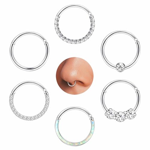 Jstyle Hypoallergenic Surgical Steel Septum Nose Rings for Women Men Opal CZ Nose Hoop Ring Septum Rings Hinged Cartilage Earring Conch Lip Helix Daith Rook Tragus Piercing Jewelry 8mm 10mm