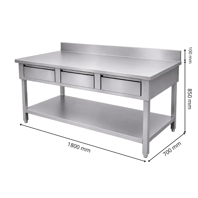 Générique Tavolo in acciaio inox professionale appoggiato 1800 x 700 mm con 3 cassetti e ripiano basso