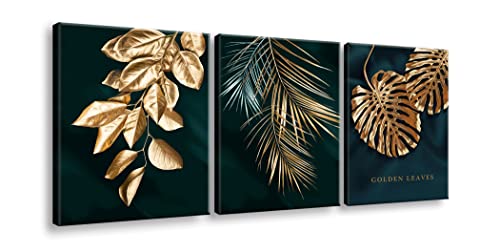 Modern Gold Botanical Wall Art For Bathrooms Framed Plant Decor For Bedroom Green Plant Canvas Printed Pictures Room Wall Decor , Multi Panel Nature Artwork For Living Room 3 Piece Ready To Hang, 11.5" X 15" X 3 Panels A-235 #TOP5