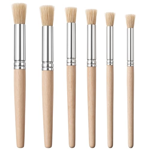 6PCS Wooden Stencil Brushes for Stenciling Wooden Stencil Brushes Natural Bristle for Acrylic Paint Watercolor Painting with Comfortable Grip, Easy Clean, Multi Medium Compatibility