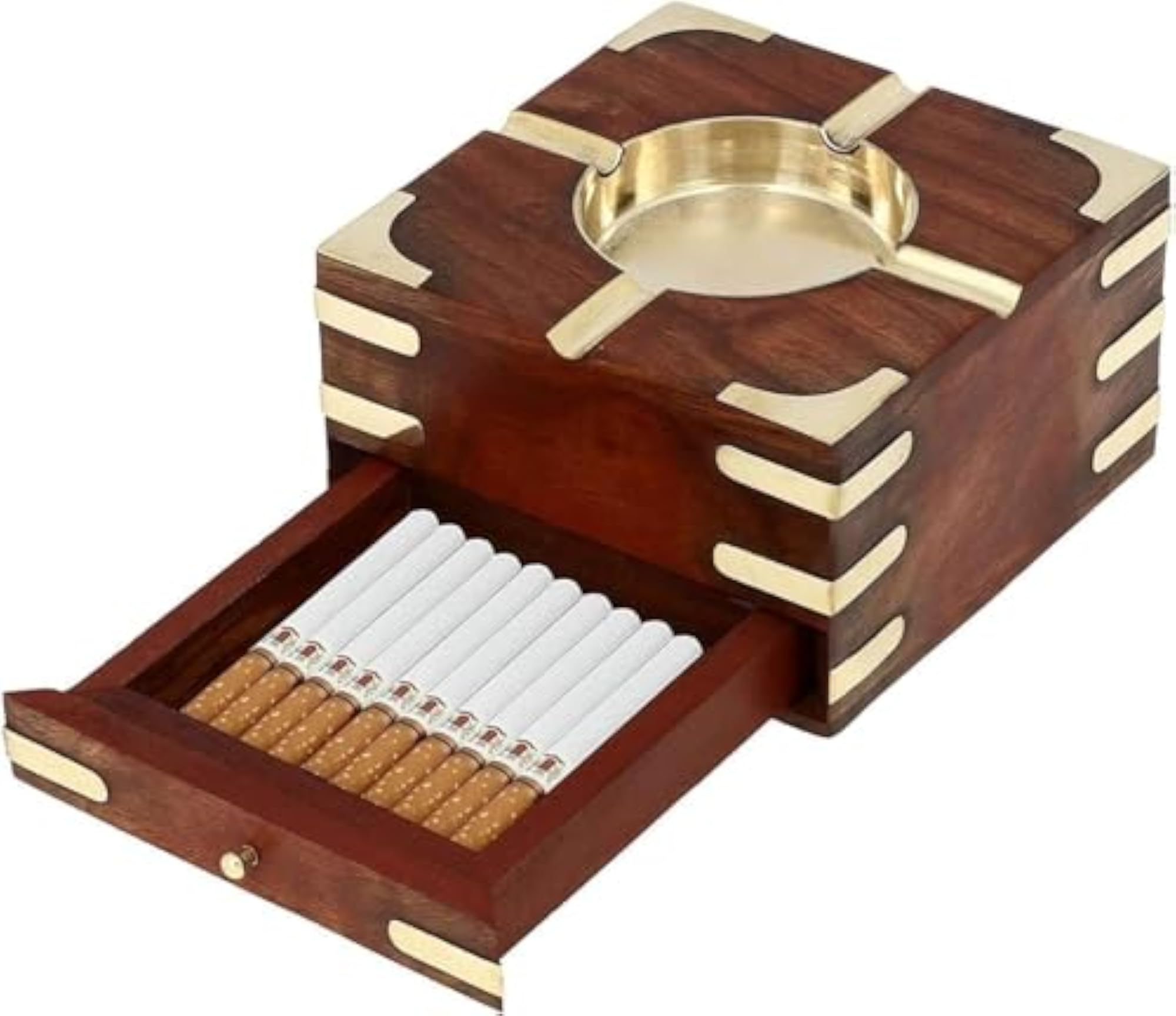 Wooden Ashtray with Brass Bowl and Storage Drawer
