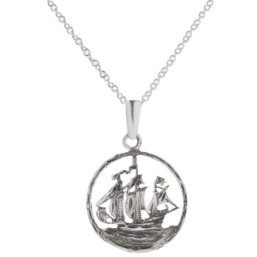 Sterling Silver Seven Seas Pirate Ship Pendant Necklace, 18
