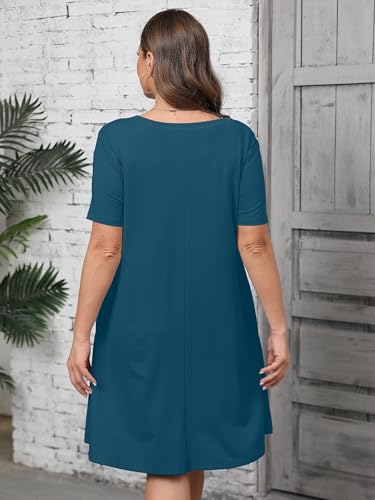 Image of AusLook Plus Size Midi Dress for Women Casual Summer Short Sleeve A Line Swing Dress with Pocket Round Neck Flowy Dress 1X-5X