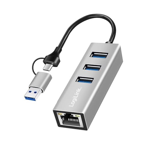 LogiLink 2in1 USB-A & USB-C (3.2 Gen1) Hub zu Netzwerk (RJ45) Adapter mit 3X USB-A, unterstützt Thunderbolt 3/4