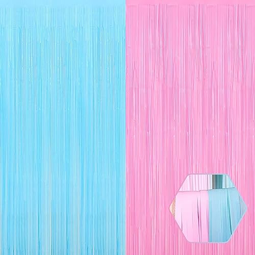 Image of 6 Pack Macaron Pink Blue Foil Fringe Curtain Backdrop, 3.28Ft x 8.2Ft Metallic Tinsel Foil Fringe Streamer Curtains for Photo Booth, Christmas Day, Thanksgiving, Wedding, New Year Party Decorations