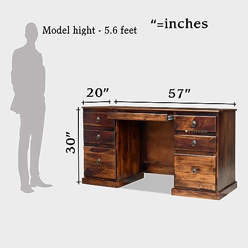 Image of Sheesham Wood Wooden Study Writing Desk Table for Office | Laptop Computer Table with 6 Drawers Storage for Home and Office | Sheesham Solid Wood Study Table,Teak